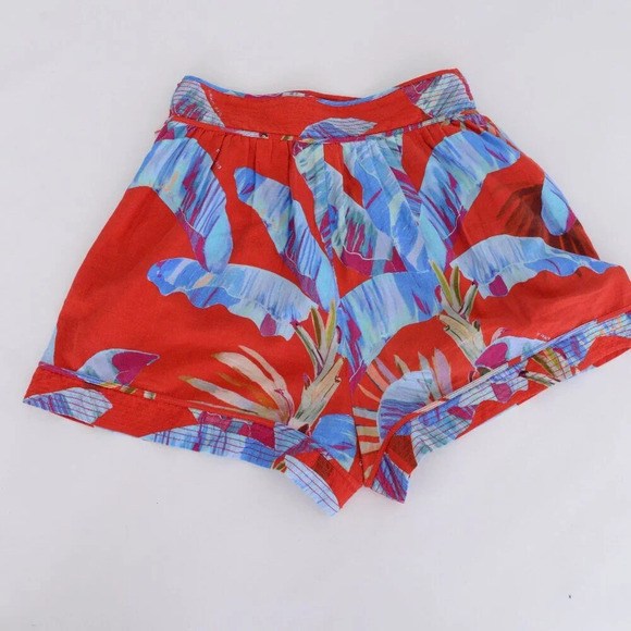 Farm Rio Red & Blue Floral Palm Tree 55% Linen Pull On High Waisted Shorts S - Picture 11 of 11